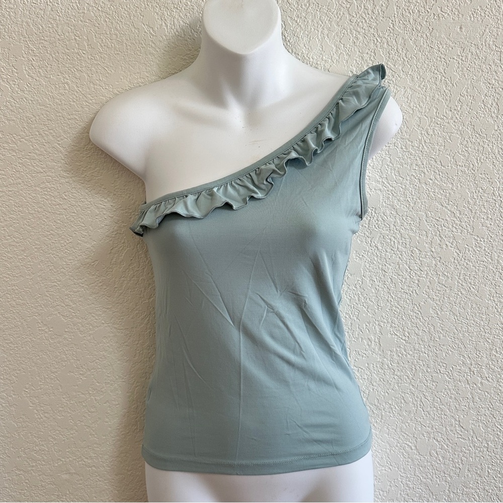 Zara Women’s One-Shoulder Ruffle Tank Top Fitted‎ Blouse Light Dust Blue Medium